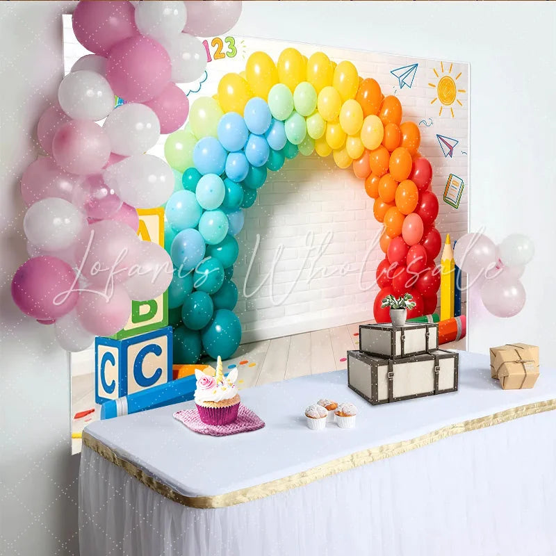 Lofaris Colorful Learning Photography Backdrop with Rainbow Balloons and ABC Blocks Playful Studio Background for Kids Photoshoot