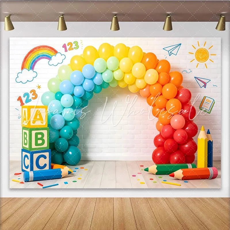 Lofaris Colorful Learning Photography Backdrop with Rainbow Balloons and ABC Blocks Playful Studio Background for Kids Photoshoot