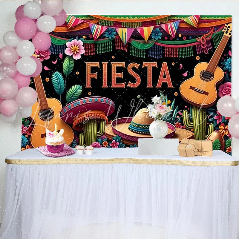 Lofaris Colorful Mexican Fiesta Backdrop with Guitars and Sombreros Vibrant Party Background for Celebration Decor