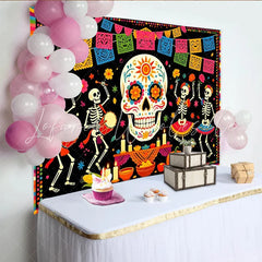 Lofaris Colorful Mexican Fiesta Backdrop with Sugar Skull and Papel Picado Festive Day of the Dead Photography Background