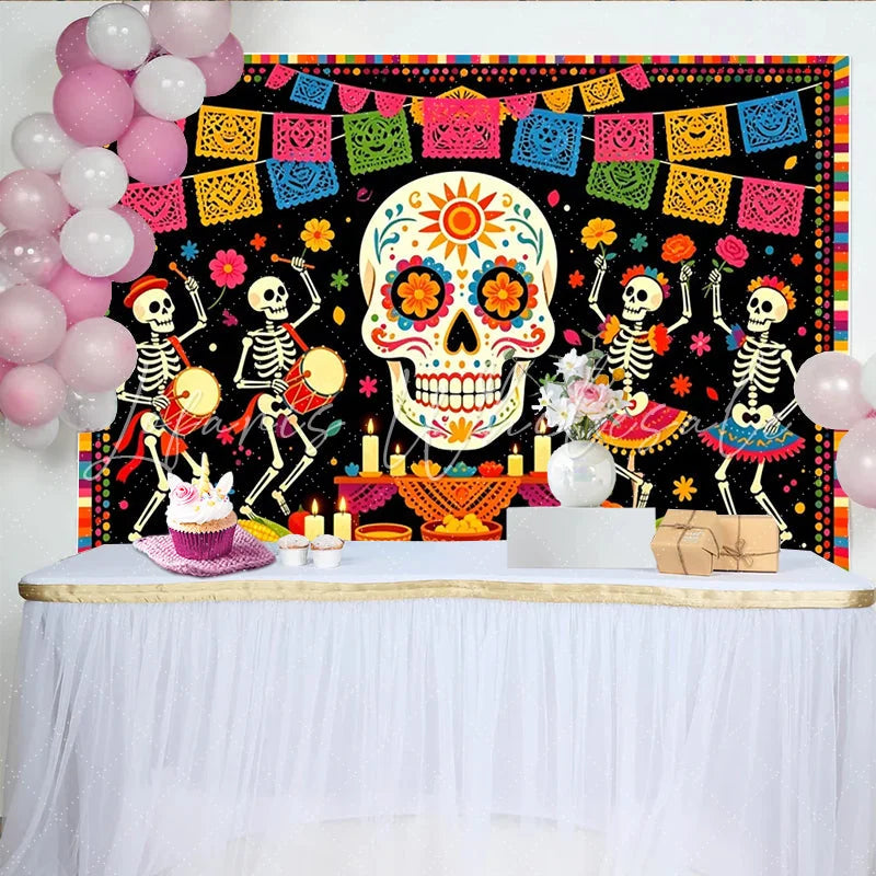 Lofaris Colorful Mexican Fiesta Backdrop with Sugar Skull and Papel Picado Festive Day of the Dead Photography Background