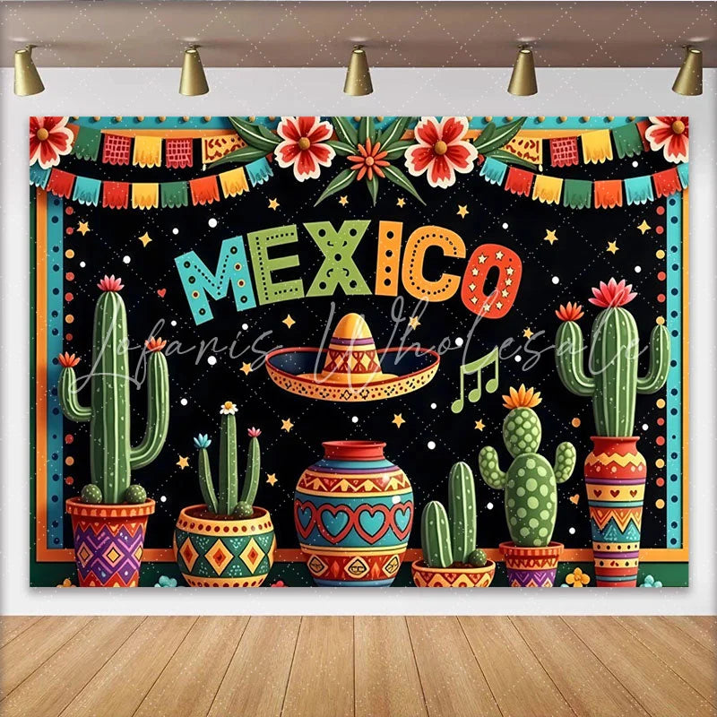 Lofaris Colorful Mexico Fiesta Backdrop with Cacti and Sombrero Vibrant Party Decoration for Mexican Theme Celebration.