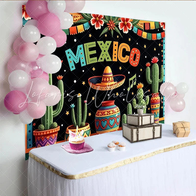 Lofaris Colorful Mexico Fiesta Backdrop with Cacti and Sombrero Vibrant Party Decoration for Mexican Theme Celebration.