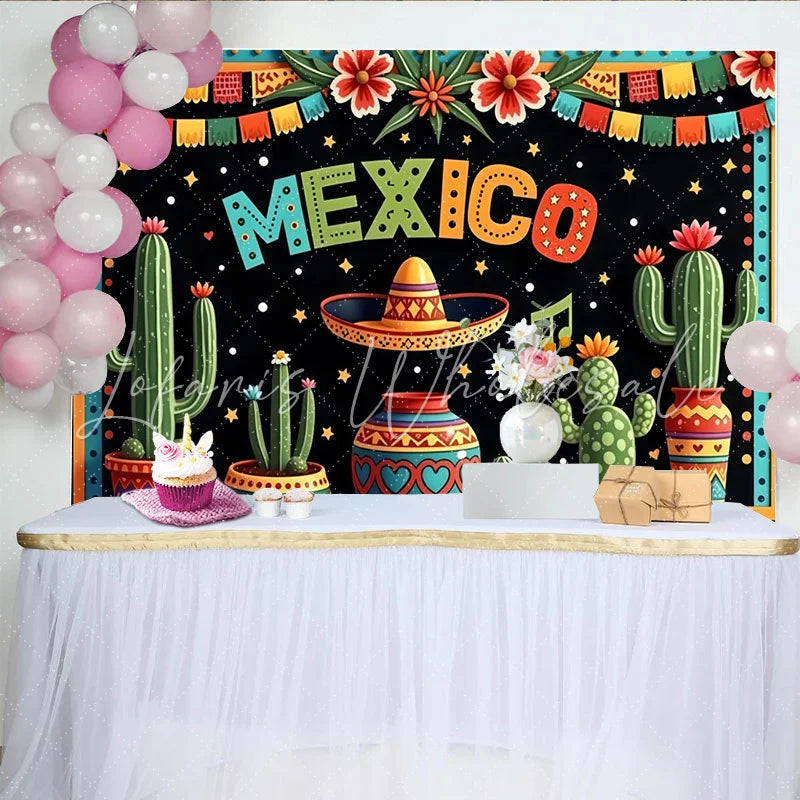 Lofaris Colorful Mexico Fiesta Backdrop with Cacti and Sombrero Vibrant Party Decoration for Mexican Theme Celebration.