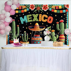 Lofaris Colorful Mexico Fiesta Backdrop with Cacti and Sombrero Vibrant Party Decoration for Mexican Theme Celebration.
