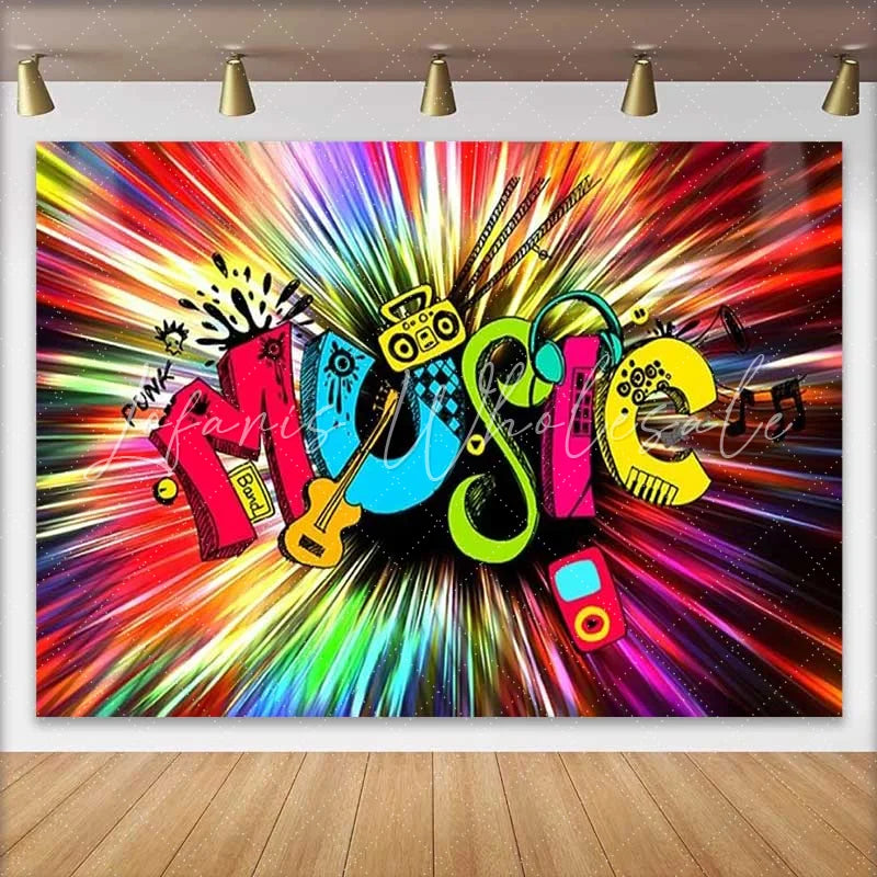 Lofaris Colorful Neon Music Theme Birthday Backdrop Retro Boombox Guitar Headphones Party Photography Background