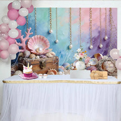Lofaris Colorful Ocean Mermaid Photography Backdrop with Treasure Chest Pearls and Seashells Underwater Background for Photo