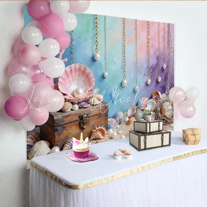 Lofaris Colorful Ocean Mermaid Photography Backdrop with Treasure Chest Pearls and Seashells Underwater Background for Photo