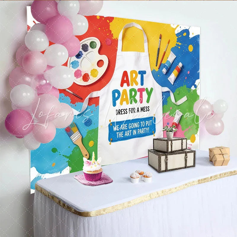 Lofaris Colorful Paint Splatter Art Party Birthday Backdrop with Apron and Brushes Creative Photo Booth Background for Kids Celebration