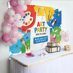 Lofaris Colorful Paint Splatter Art Party Birthday Backdrop with Apron and Brushes Creative Photo Booth Background for Kids Celebration