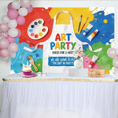 Lofaris Colorful Paint Splatter Art Party Birthday Backdrop with Apron and Brushes Creative Photo Booth Background for Kids Celebration