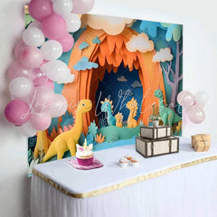 Lofaris Colorful Paper Cut Style Cute Dinosaur Jungle Birthday Cake Smash Backdrop Baby Birthday Party Photo Booth