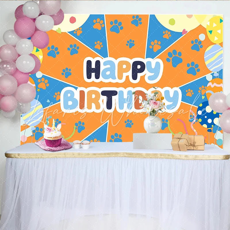 Lofaris Colorful Paw Print Happy Birthday Backdrop with Balloons Vibrant Party Background for Pet Themed Photoshoot