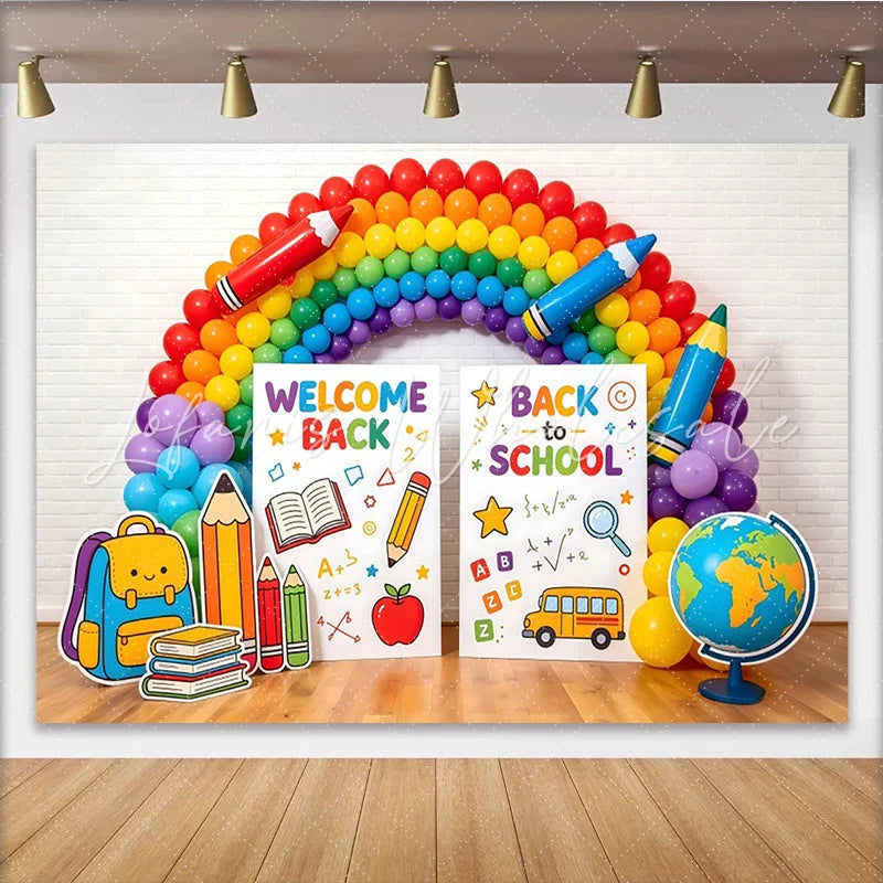 Lofaris Colorful Rainbow Back to School Backdrop with Welcome Back Signs Educational Photo Background for Classroom Decor and Parties