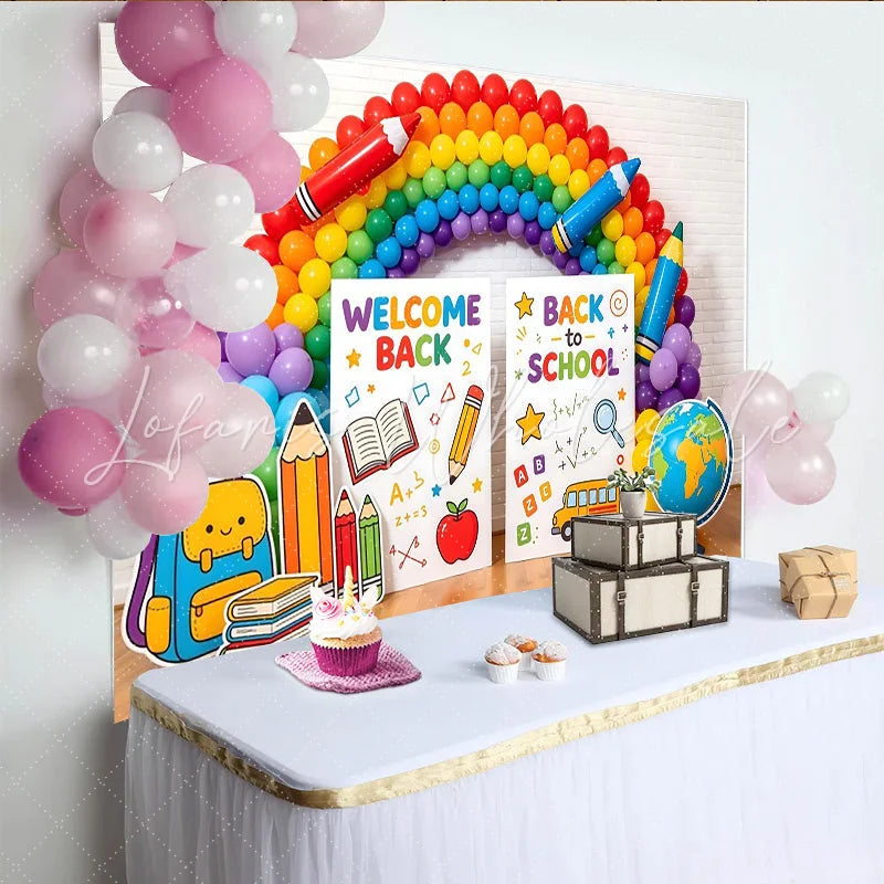 Lofaris Colorful Rainbow Back to School Backdrop with Welcome Back Signs Educational Photo Background for Classroom Decor and Parties