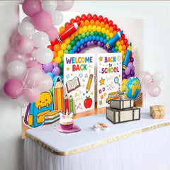 Lofaris Colorful Rainbow Back to School Backdrop with Welcome Back Signs Educational Photo Background for Classroom Decor and Parties