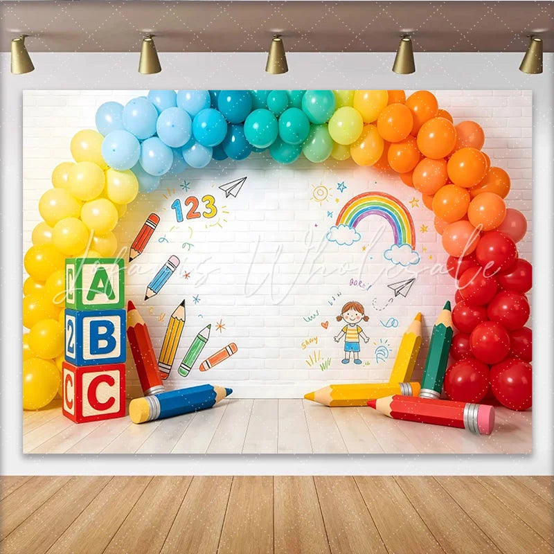 Lofaris Colorful School Photography Backdrop with ABC Blocks and Rainbow Balloons Vibrant Background for Kids Photoshoot and Party