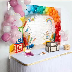 Lofaris Colorful School Photography Backdrop with ABC Blocks and Rainbow Balloons Vibrant Background for Kids Photoshoot and Party