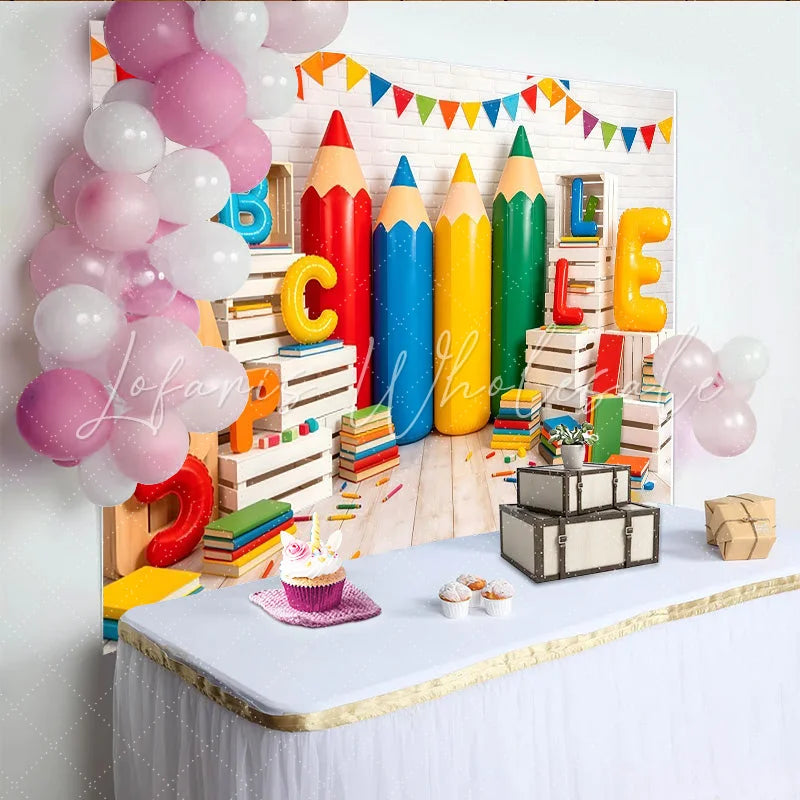 Lofaris Colorful School Photography Backdrop with Giant Pencils and ABC Letters Educational Classroom Background for Back to School