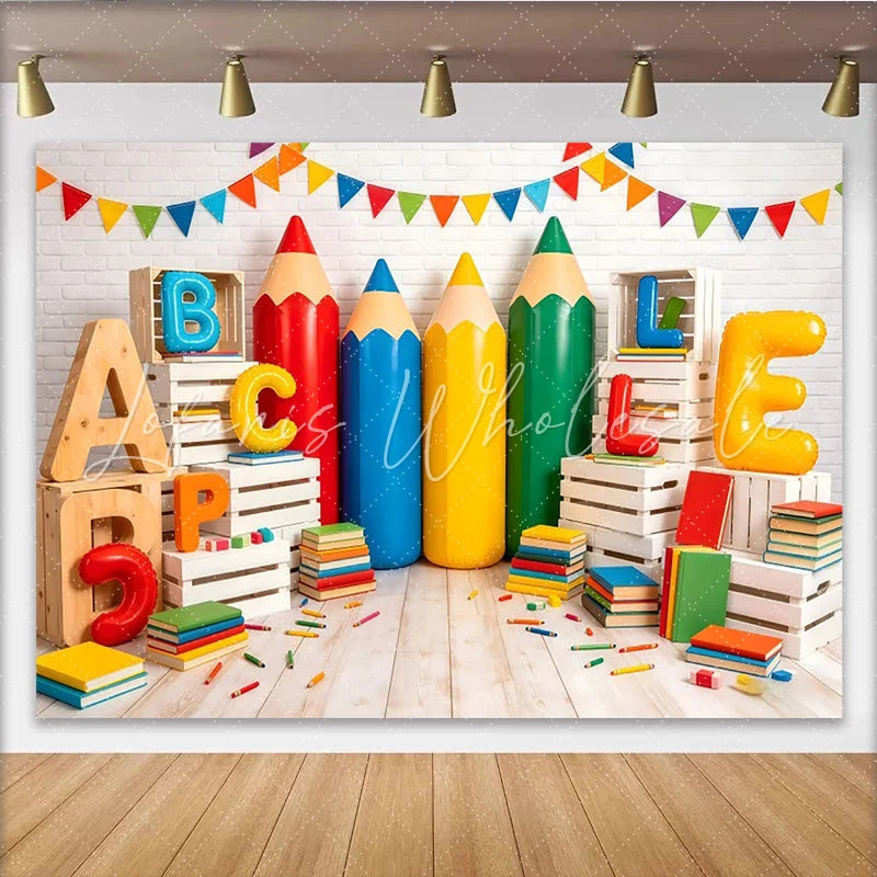 Lofaris Colorful School Photography Backdrop with Giant Pencils and ABC Letters Educational Classroom Background for Back to School