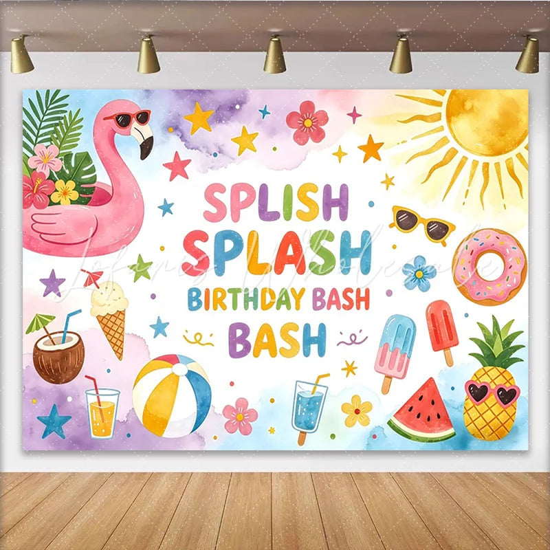 Lofaris Colorful Splish Splash Birthday Backdrop with Flamingo Summer Pool Party Background for Kids Photoshoot and Decor