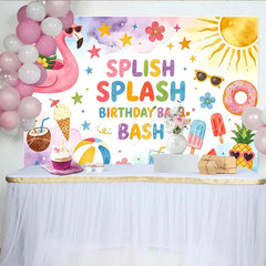 Lofaris Colorful Splish Splash Birthday Backdrop with Flamingo Summer Pool Party Background for Kids Photoshoot and Decor