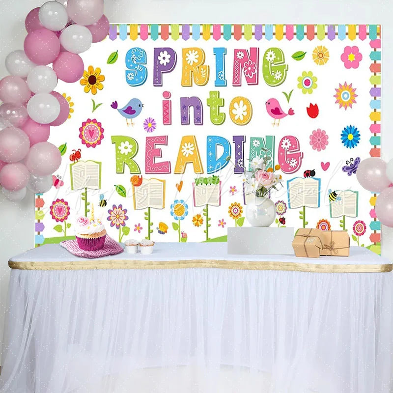 Lofaris Colorful Spring Reading Photography Backdrop with Flowers Birds Whimsical Educational Background for Classroom Decor