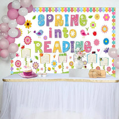 Lofaris Colorful Spring Reading Photography Backdrop with Flowers Birds Whimsical Educational Background for Classroom Decor