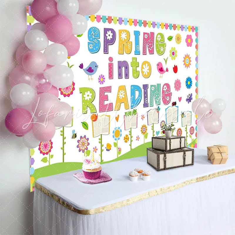 Lofaris Colorful Spring Reading Photography Backdrop with Flowers Birds Whimsical Educational Background for Classroom Decor