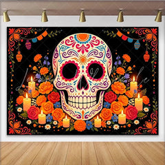 Lofaris Colorful Sugar Skull Day of the Dead Backdrop Vibrant Mexican Fiesta Party Decor with Flowers and Candles.