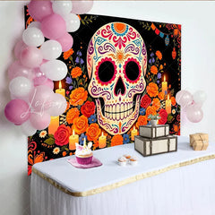 Lofaris Colorful Sugar Skull Day of the Dead Backdrop Vibrant Mexican Fiesta Party Decor with Flowers and Candles.