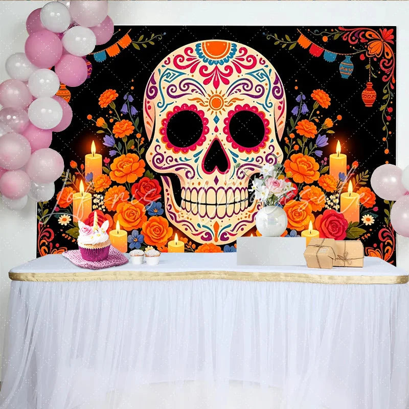 Lofaris Colorful Sugar Skull Day of the Dead Backdrop Vibrant Mexican Fiesta Party Decor with Flowers and Candles.
