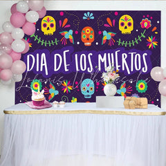 Lofaris Colorful Sugar Skull Dia de los Muertos Backdrop with Birds and Flowers Vibrant Mexican Holiday Background for Fiesta Party