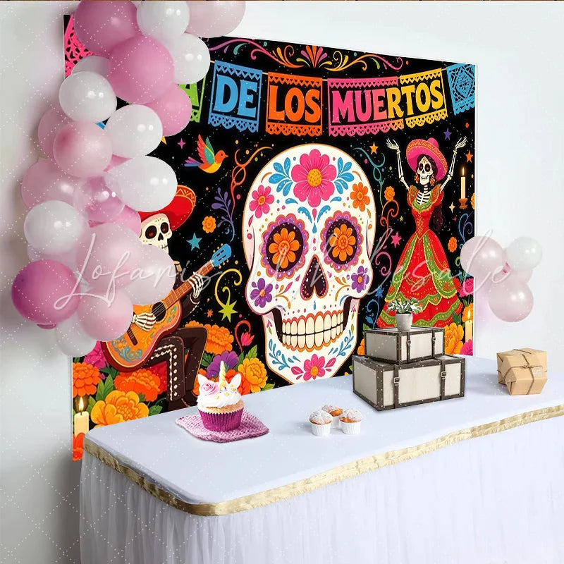 Lofaris Colorful Sugar Skull Dia de los Muertos Holiday Backdrop with Skeletons and Marigolds Vibrant Festive for Mexican Themed Parties