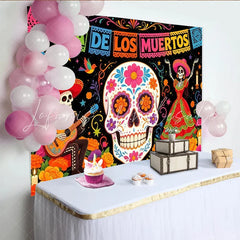 Lofaris Colorful Sugar Skull Dia de los Muertos Holiday Backdrop with Skeletons and Marigolds Vibrant Festive for Mexican Themed Parties
