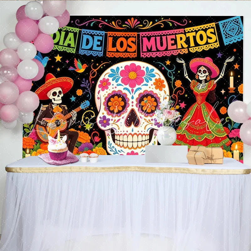 Lofaris Colorful Sugar Skull Dia de los Muertos Holiday Backdrop with Skeletons and Marigolds Vibrant Festive for Mexican Themed Parties