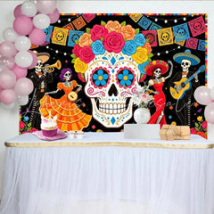 Lofaris Colorful Sugar Skull Mexican Fiesta Backdrop with Dancing Skeletons and Papel Picado Vibrant Party Decoration for Celebration