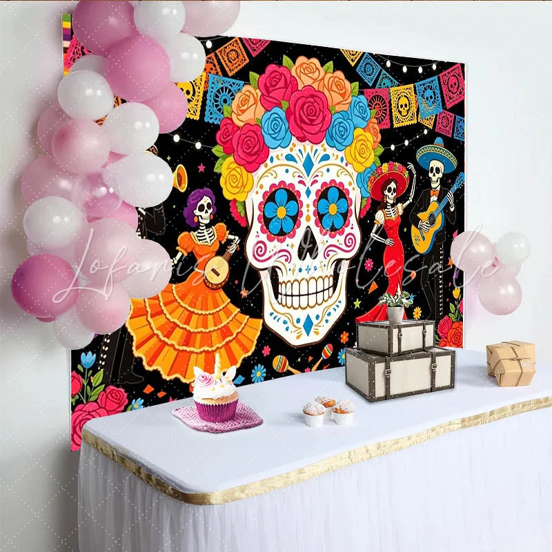 Lofaris Colorful Sugar Skull Mexican Fiesta Backdrop with Dancing Skeletons and Papel Picado Vibrant Party Decoration for Celebration