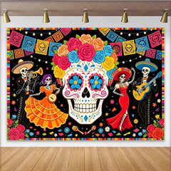 Lofaris Colorful Sugar Skull Mexican Fiesta Backdrop with Dancing Skeletons and Papel Picado Vibrant Party Decoration for Celebration