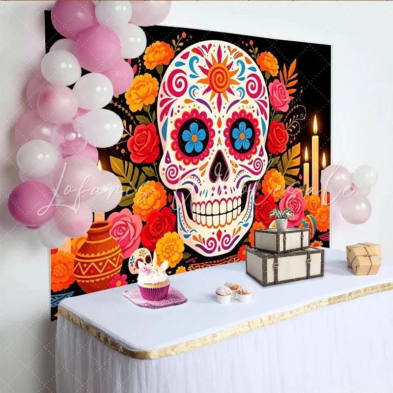 Lofaris Colorful Sugar Skull Mexican Fiesta Backdrop with Marigolds and Candles Vibrant Day of the Dead Photography Background for Party