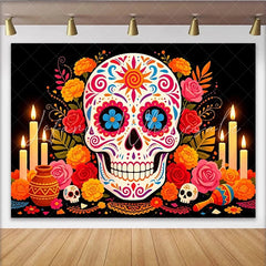Lofaris Colorful Sugar Skull Mexican Fiesta Backdrop with Marigolds and Candles Vibrant Day of the Dead Photography Background for Party