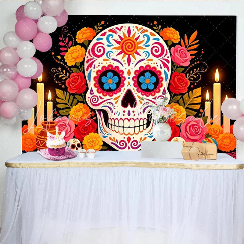 Lofaris Colorful Sugar Skull Mexican Fiesta Backdrop with Marigolds and Candles Vibrant Day of the Dead Photography Background for Party