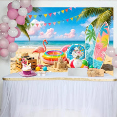 Lofaris Colorful Summer Beach Photography Backdrop with Flamingo and Surfboards Tropical Party Background for Vacation Photoshoot