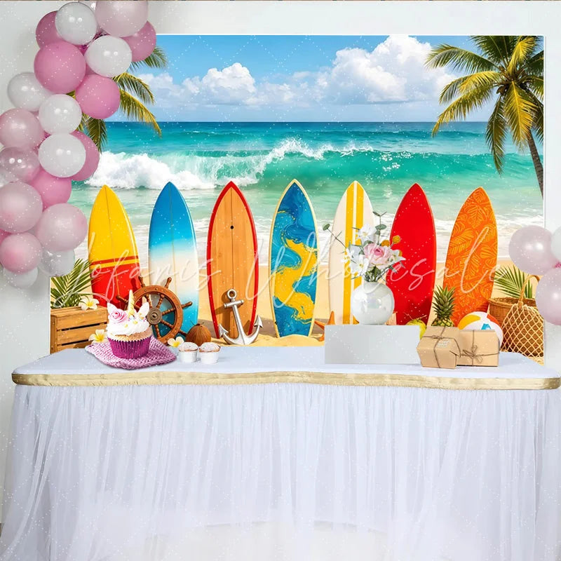 Lofaris Colorful Surfboard Beach Photography Backdrop with Ocean Waves Ideal Summer Photo Background for Tropical Party Decor