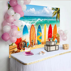 Lofaris Colorful Surfboard Beach Photography Backdrop with Ocean Waves Ideal Summer Photo Background for Tropical Party Decor