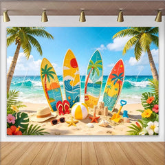Lofaris Colorful Surfboard Beach Photography Backdrop with Palm Trees Tropical Summer Background for Party Decor