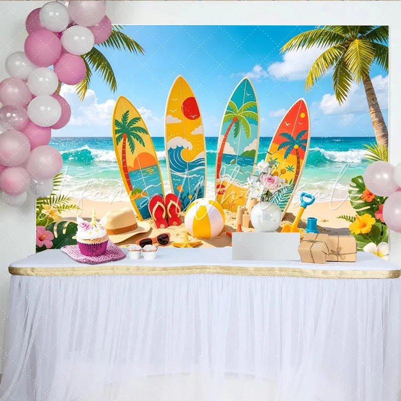 Lofaris Colorful Surfboard Beach Photography Backdrop with Palm Trees Tropical Summer Background for Party Decor