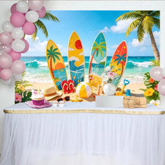 Lofaris Colorful Surfboard Beach Photography Backdrop with Palm Trees Tropical Summer Background for Party Decor