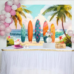 Lofaris Colorful Surfboard Summer Beach Photography Backdrop with Palm Trees and Ocean Waves Tropical Vacation Photo Background for Studio