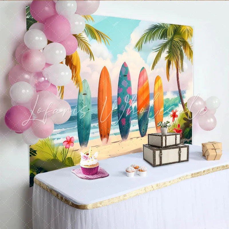 Lofaris Colorful Surfboard Summer Beach Photography Backdrop with Palm Trees and Ocean Waves Tropical Vacation Photo Background for Studio